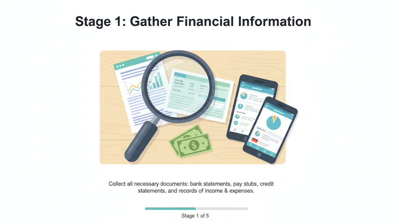budget planner - step-by-step diagram illustrating the 5 stages of setting up a monthly budget planner