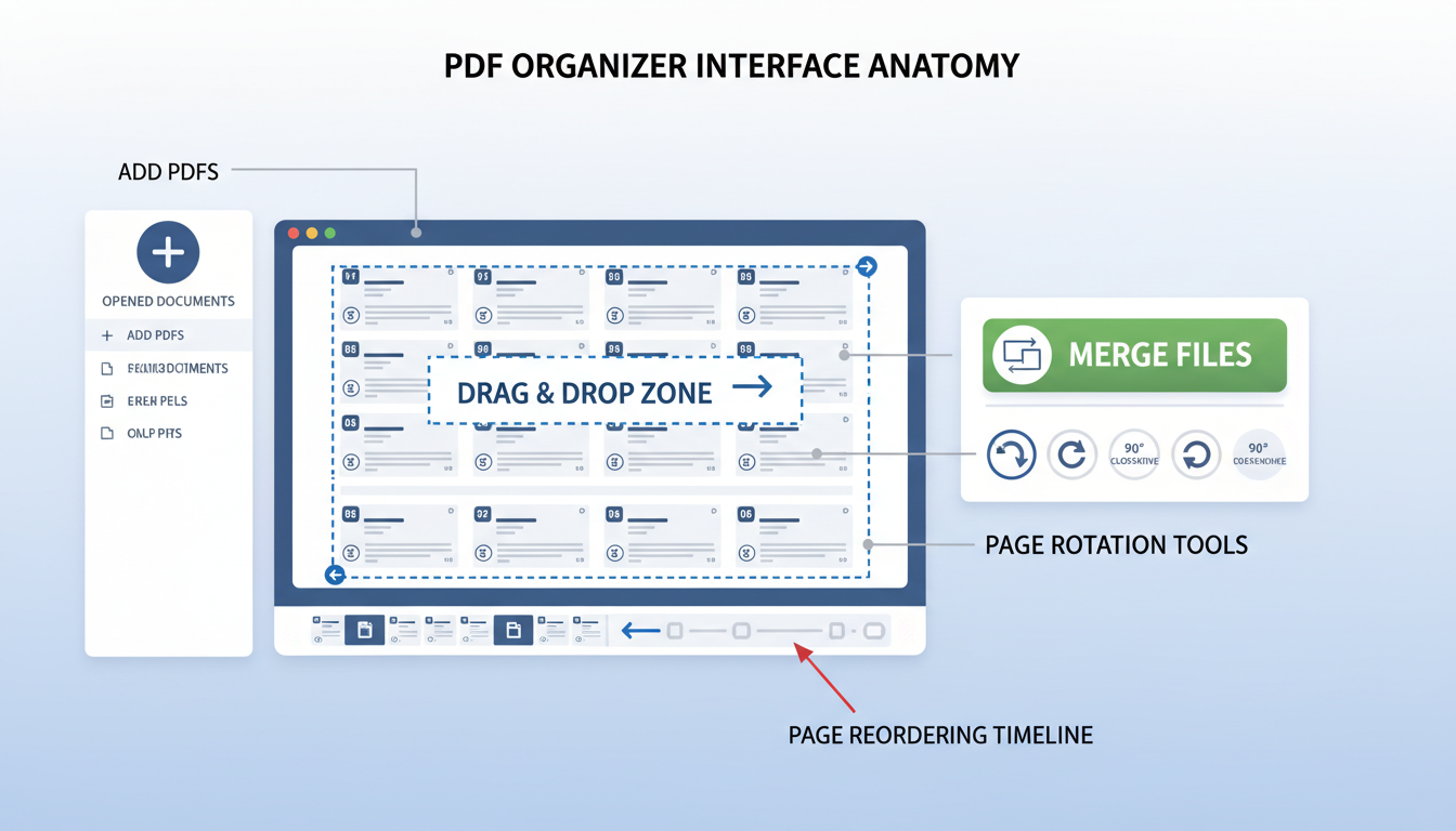 PDF Organizer - detailed infographic showing the anatomy of a PDF organizer interface, highlighting drag-and-drop zones, merge buttons, and page rotation tools
