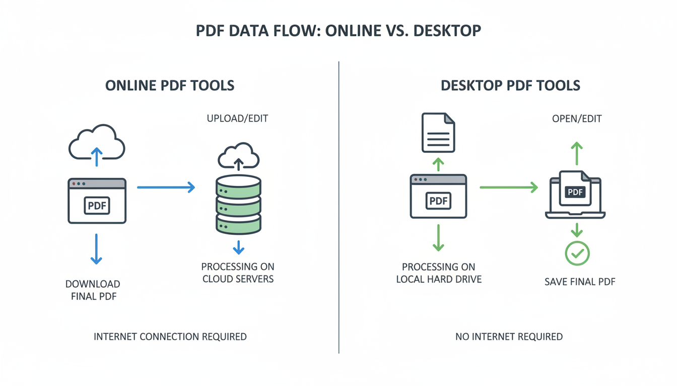 PDF Organizer - comparison chart graphic illustrating the data flow of online vs desktop pdf tools, using icons for cloud servers vs local hard drive