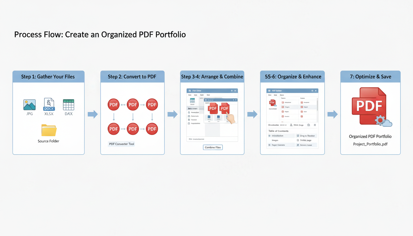 PDF Organizer - step-by-step process flow diagram showing how to take disparate file types like jpg, docx, and xlsx and merge them into a single organized PDF portfolio