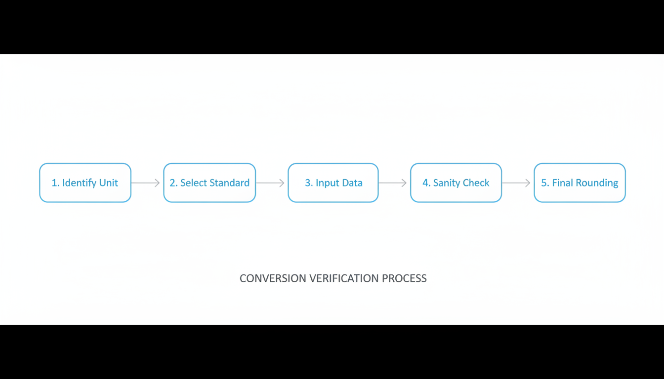 unit converter - minimalist process flowchart showing the 5 steps of verifying a conversion: Identify Unit -> Select Standard -> Input Data -> Sanity Check -> Final Rounding