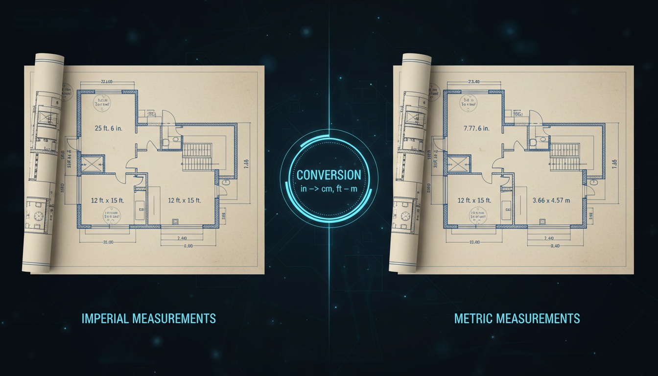 unit converter - professional split-screen comparison graphic showing a blueprint with imperial measurements on the left and the same blueprint with metric measurements on the right, connected by a digital conversion icon