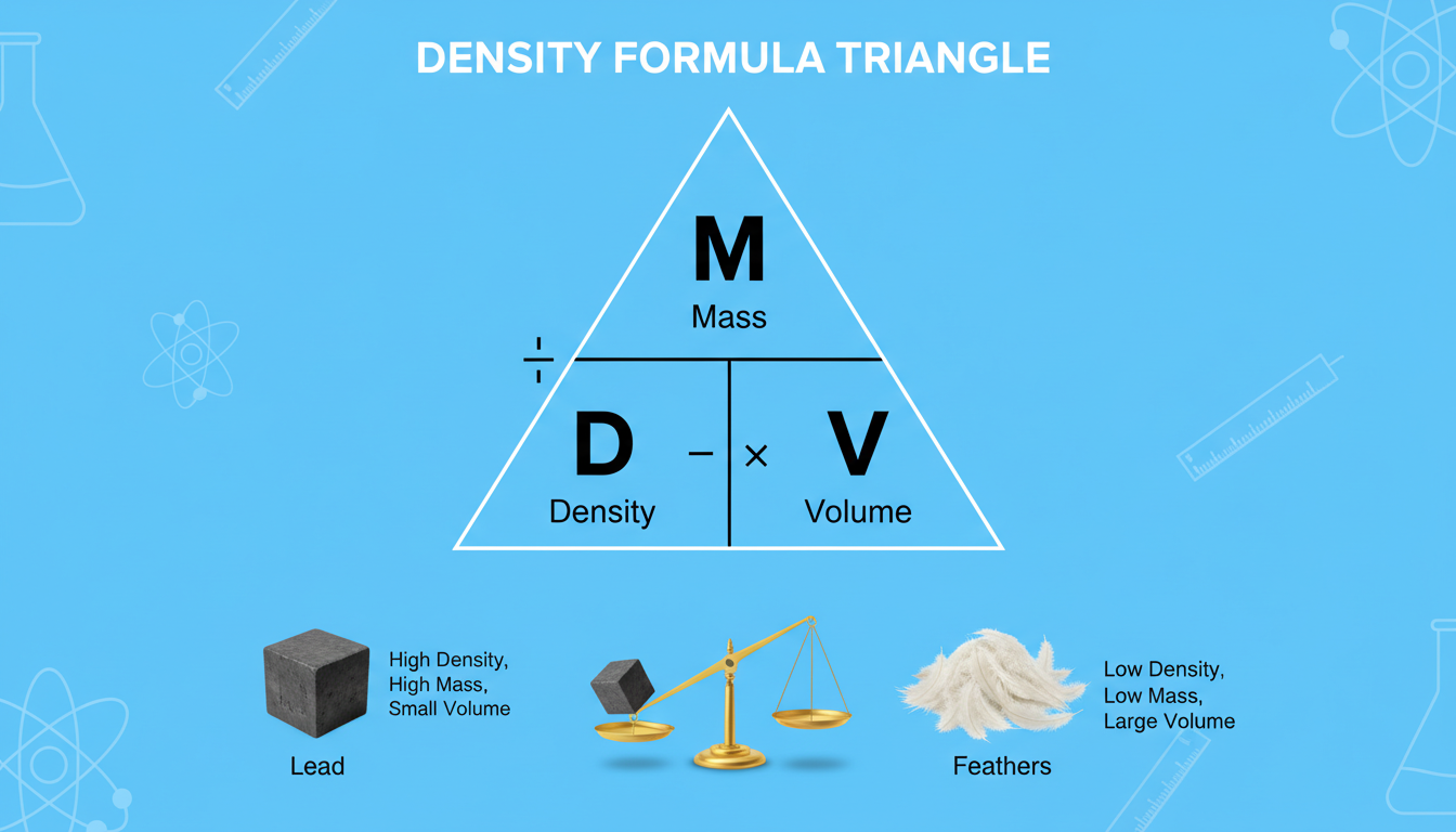 convert weight to volume - detailed educational infographic illustrating the density formula triangle showing Mass at the top and Density and Volume at the bottom, with visual examples of lead vs feathers