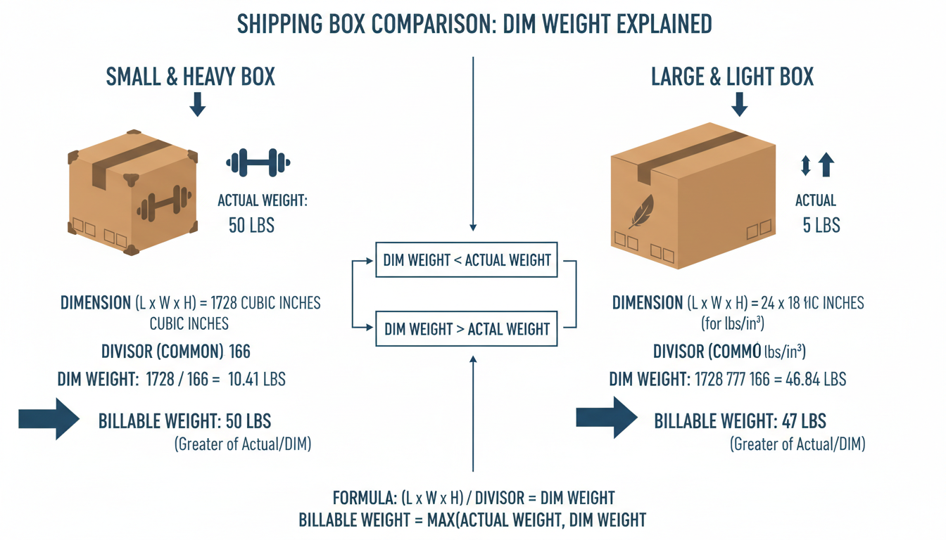 convert weight to volume - professional comparison diagram showing two shipping boxes, one small and heavy, one large and light, explaining how DIM weight is calculated