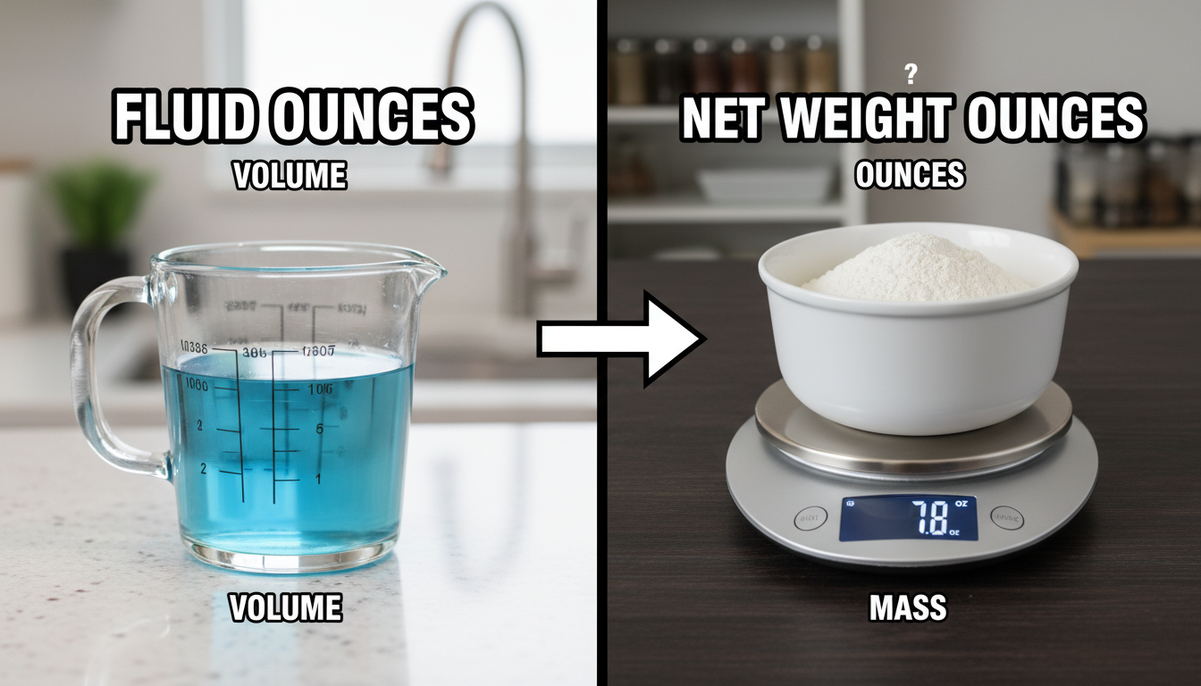 convert weight to volume - split screen comparison graphic showing a measuring cup with 'Fluid Ounces' and a digital scale with 'Net Weight Ounces' to highlight the difference