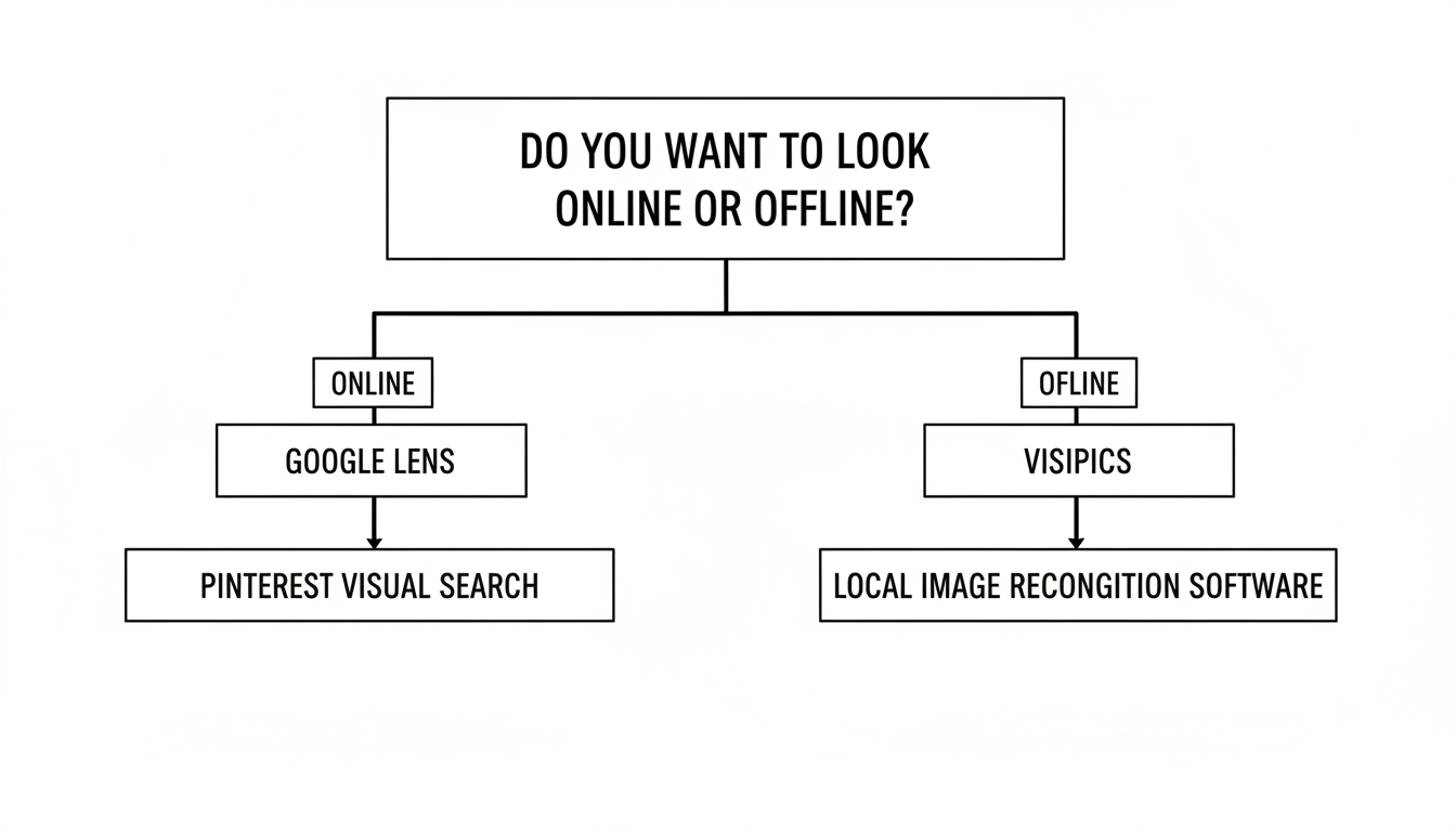 reverse search image in local files - professional minimalist flowchart showing the decision tree: 'Do you want to look Online or Offline?' leading to different tools like Google Lens vs Visipics