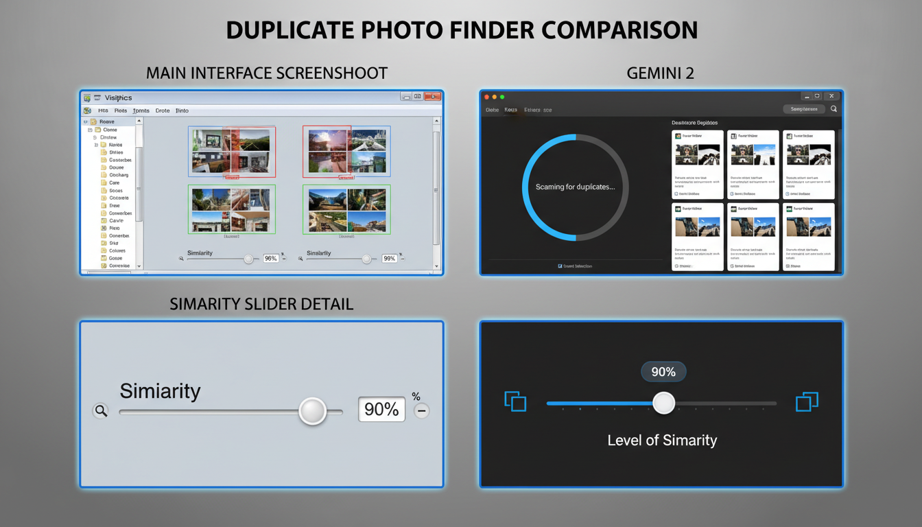 reverse search image in local files - detailed comparison table as a high-quality graphic showing the interface of VisiPics vs Gemini 2, highlighting the 'similarity slider' feature