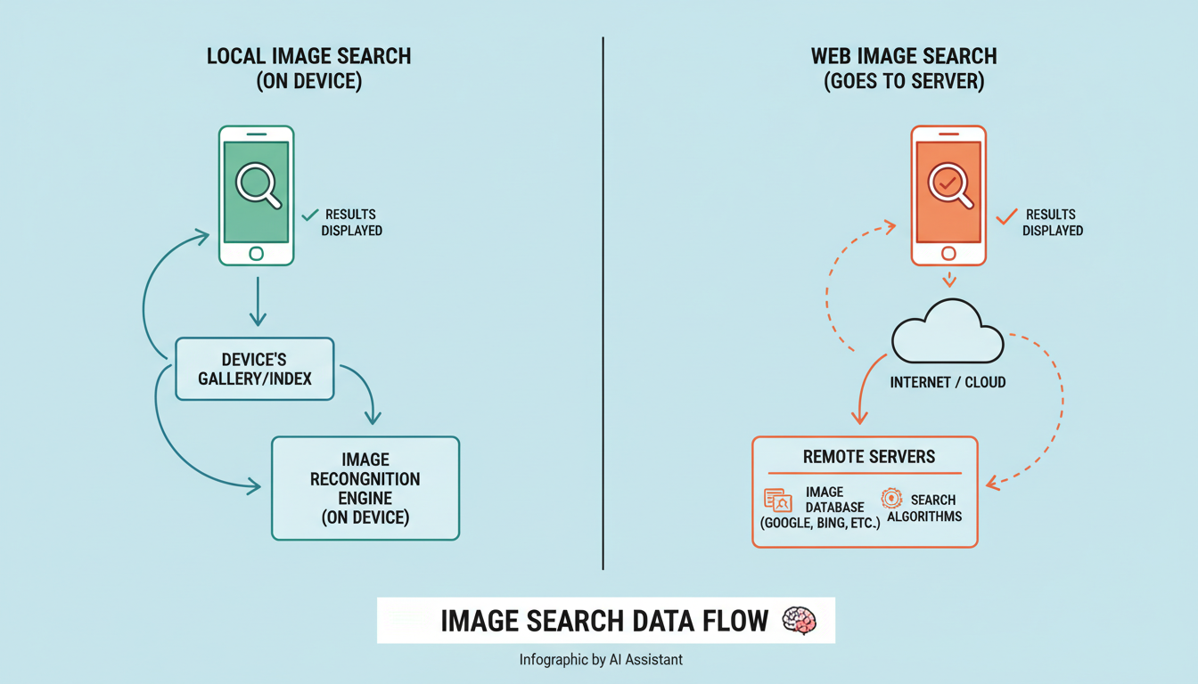 reverse search image in local files - educational infographic showing the data path of a local image search (stays on device) vs a web image search (goes to server)