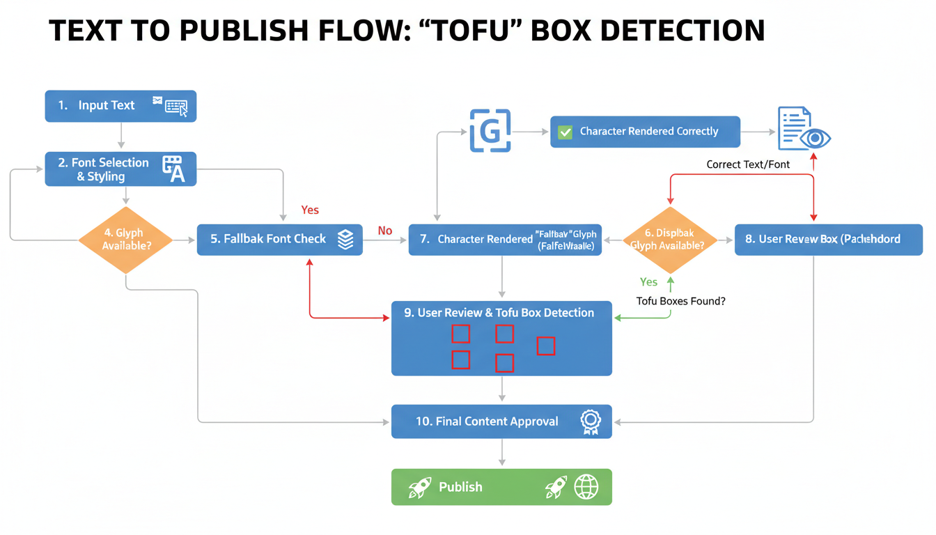 mirror text generator - step-by-step flowchart illustrating the process from typing text to testing for 'tofu' boxes to publishing
