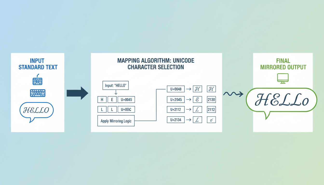 mirror text generator - detailed infographic showing the process of inputting standard text, the mapping algorithm selecting Unicode characters, and the final mirrored output