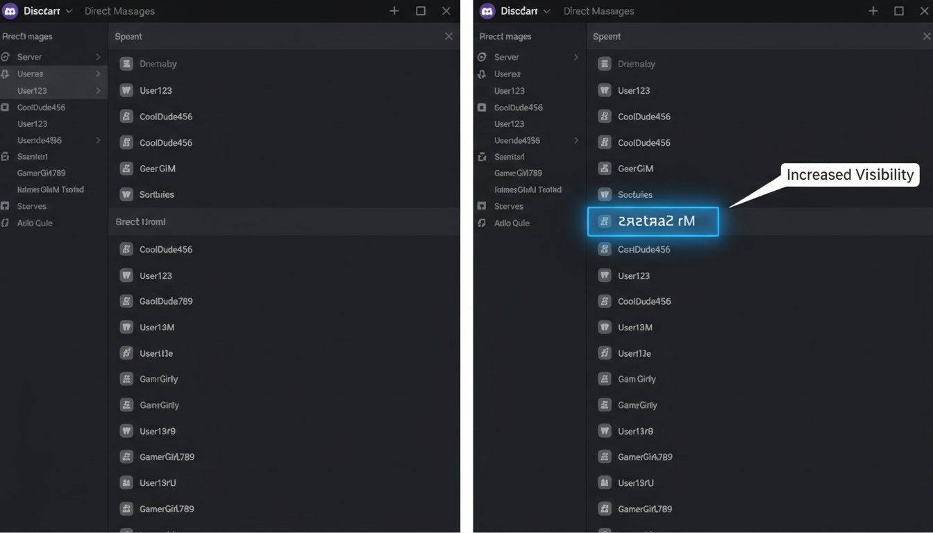 mirror text generator - split screen comparison of a standard discord chat list versus one with a mirrored username highlighted to show visibility