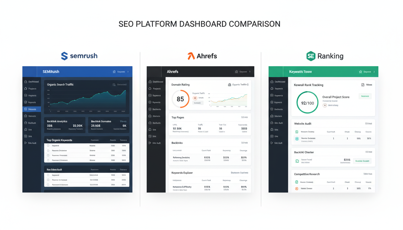 Best SERP Checker - detailed comparison chart graphic showing the interface dashboards of SEMrush, Ahrefs, and SE Ranking side-by-side