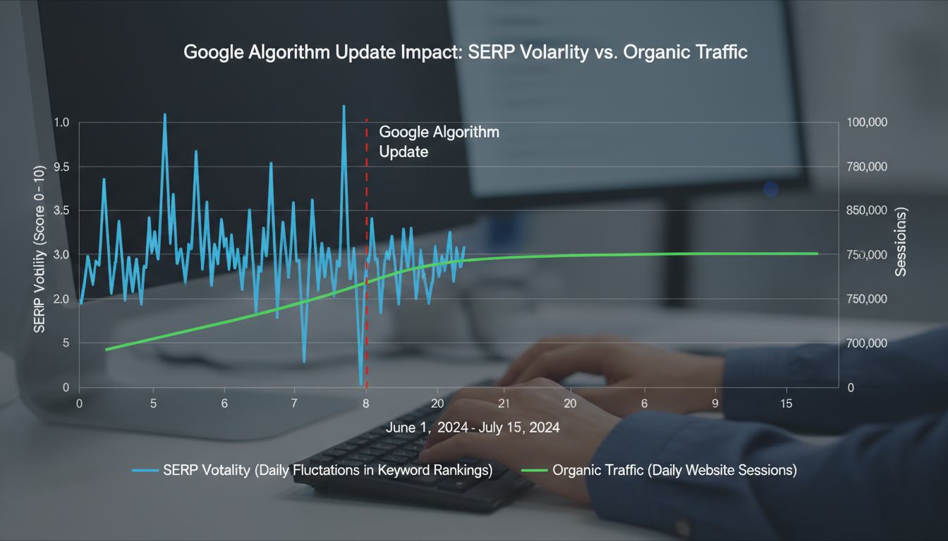 Best SERP Checker - data trend graph showing high SERP volatility vs stable organic traffic during a google algorithm update