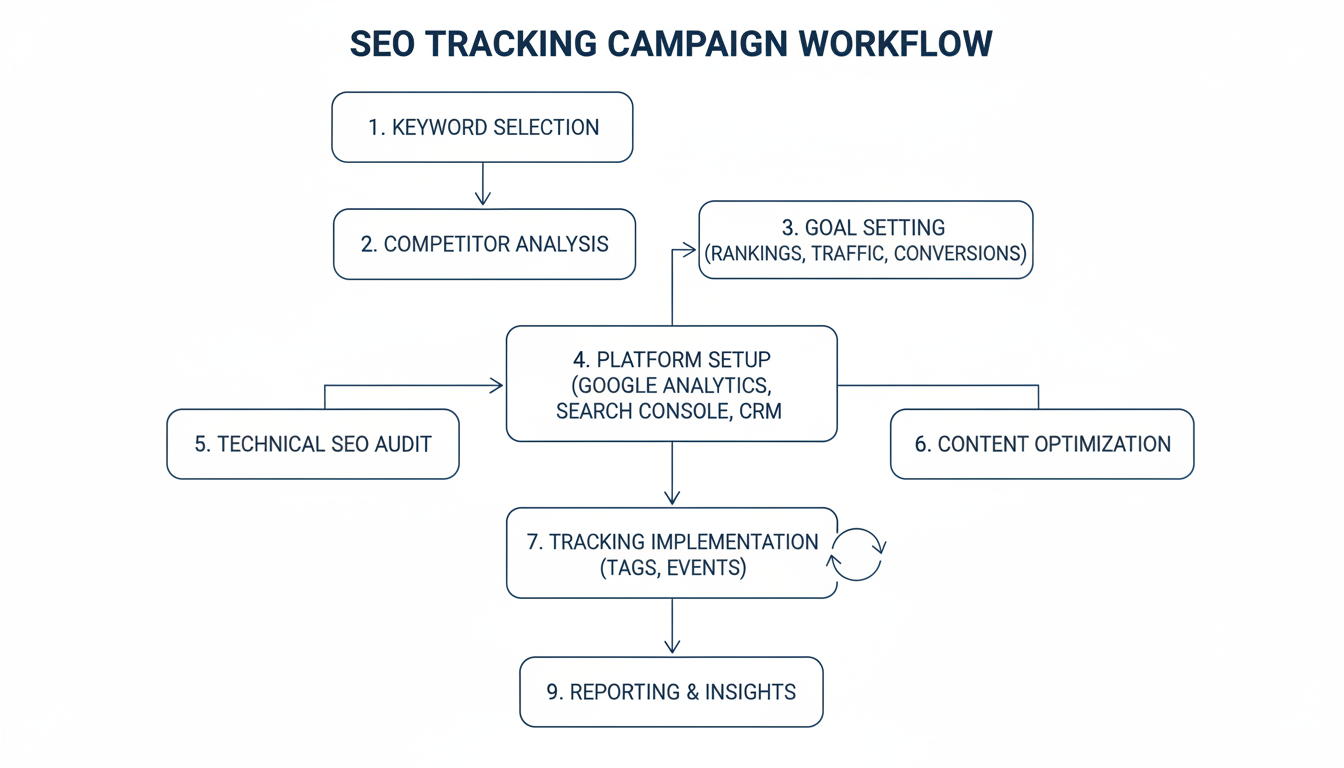 Best SERP Checker - professional minimalist flowchart showing the workflow of setting up an SEO tracking campaign from keyword selection to reporting