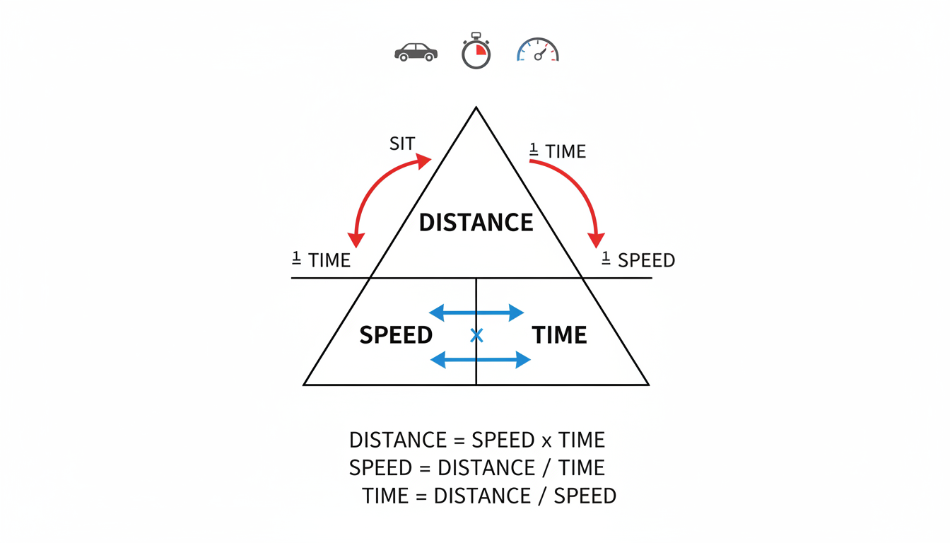 calculate lap times - minimalist educational infographic showing the formula triangle of Distance, Speed, and Time with arrows indicating how to calculate each variable