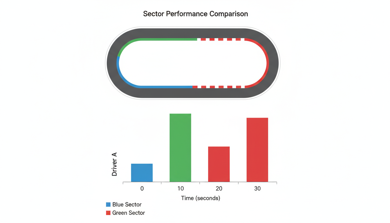 calculate lap times - detailed data visualization chart showing a race track divided into three colored sectors, with a bar graph below comparing 'Driver A' vs 'Driver B' times in each sector