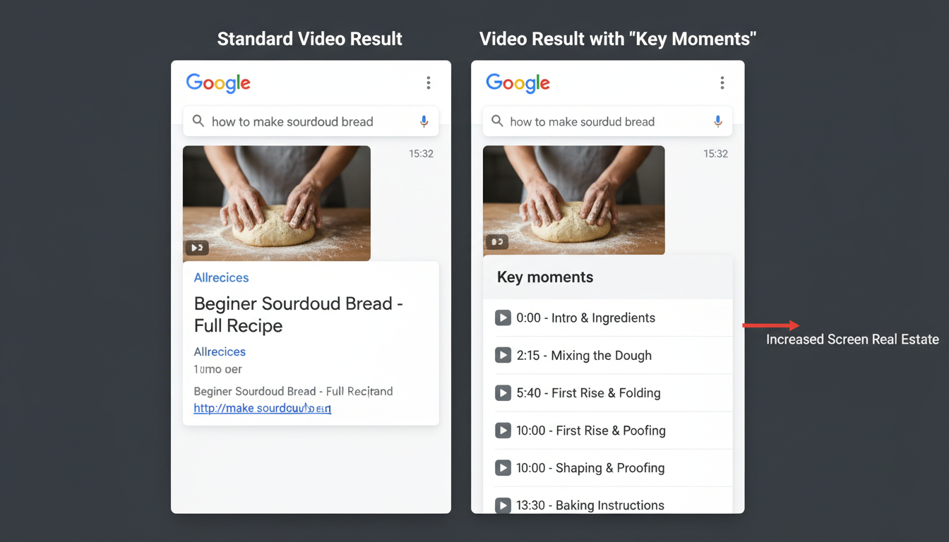 how to make a time stamp in YouTube - detailed infographic showing a Google Search Result Page (SERP) with 'Key Moments' highlighted, demonstrating how timestamps expand screen real estate compared to a standard video result