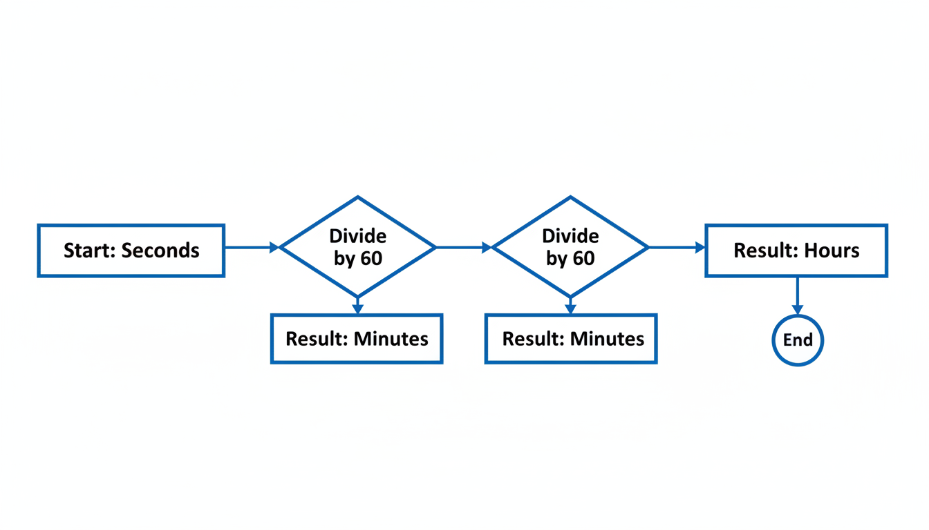 seconds conversion chart - step-by-step flowchart diagram showing the conversion path: Seconds -> divide by 60 -> Minutes -> divide by 60 -> Hours