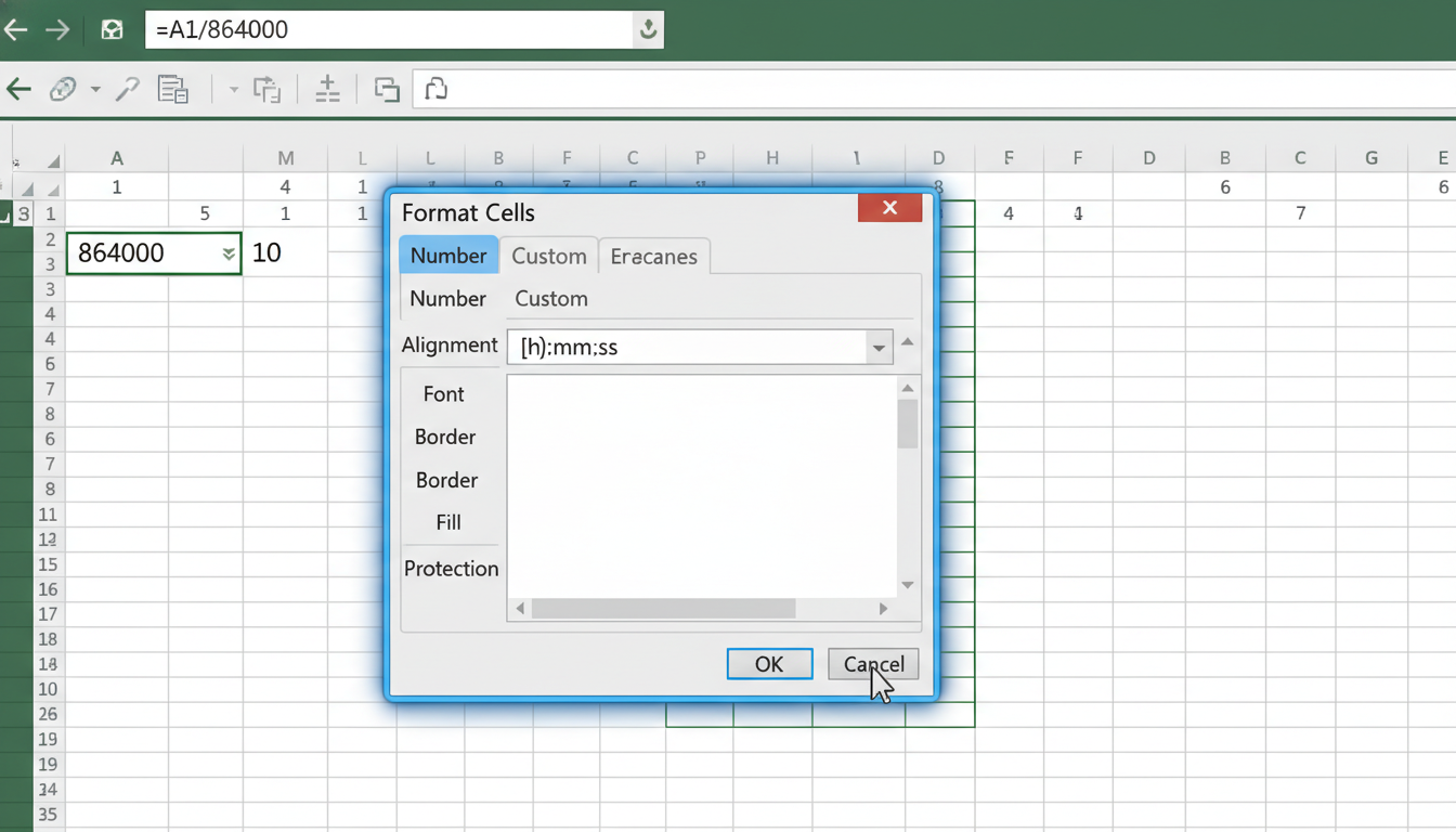 seconds conversion chart - screenshot of an Excel spreadsheet showing the formula bar with =A1/86400 and the cell formatting menu highlighted