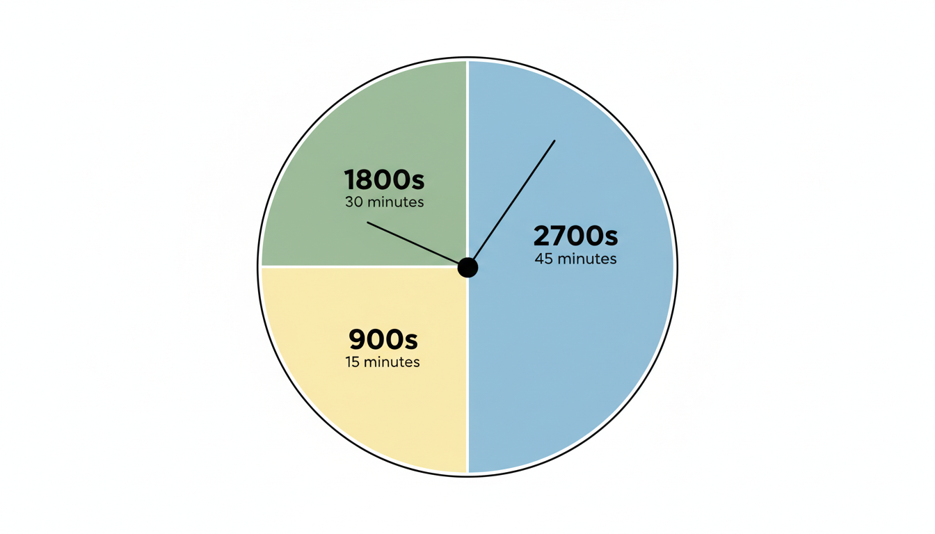 seconds conversion chart - clean minimalist infographic showing a clock face divided into segments representing 900s, 1800s, and 2700s with their minute equivalents