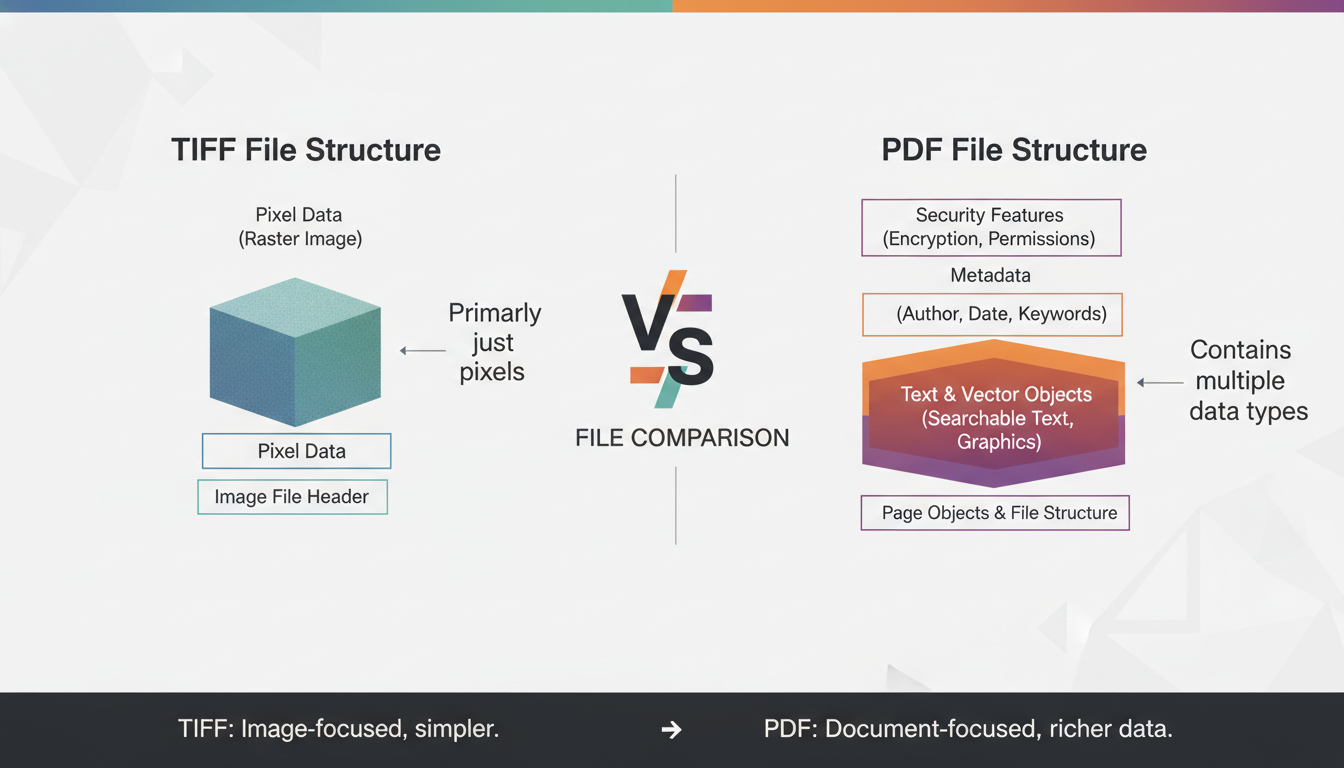 TIFF to PDF converter - detailed comparison infographic showing the layers of a TIFF file vs a PDF file, highlighting that TIFF is just pixels while PDF contains text layers, metadata, and security features