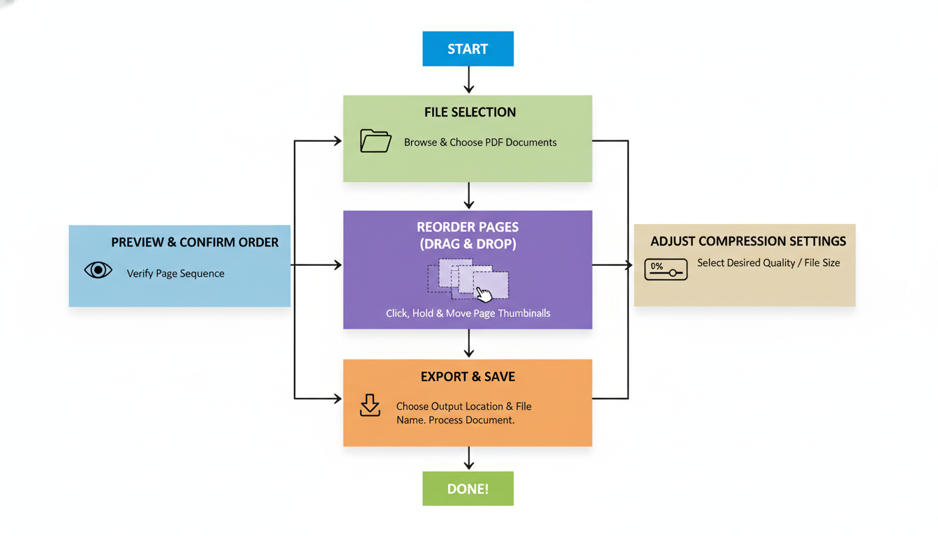 TIFF to PDF converter - step-by-step process flowchart showing file selection, reordering pages via drag-and-drop, adjusting compression settings, and final export