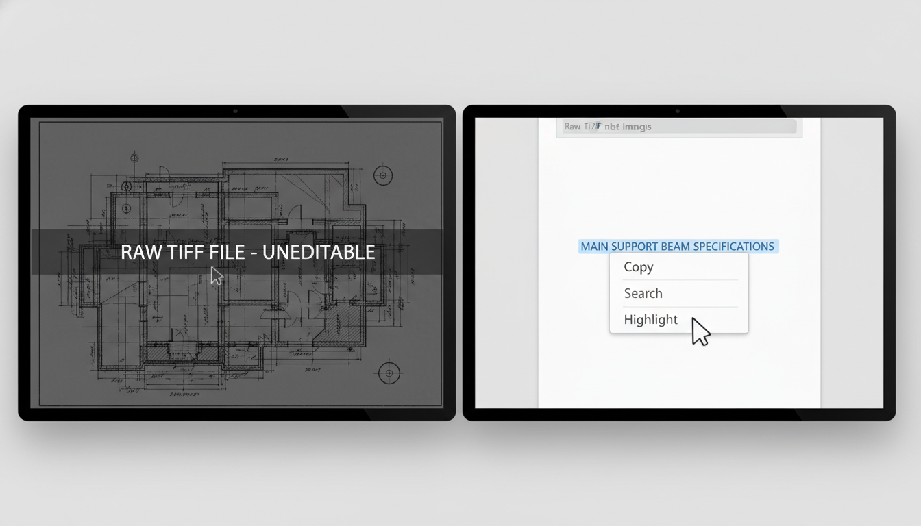 TIFF to PDF converter - split screen visual showing a raw TIFF file on the left which is unselectable, and a converted PDF on the right with text highlighted and a 'copy' context menu visible