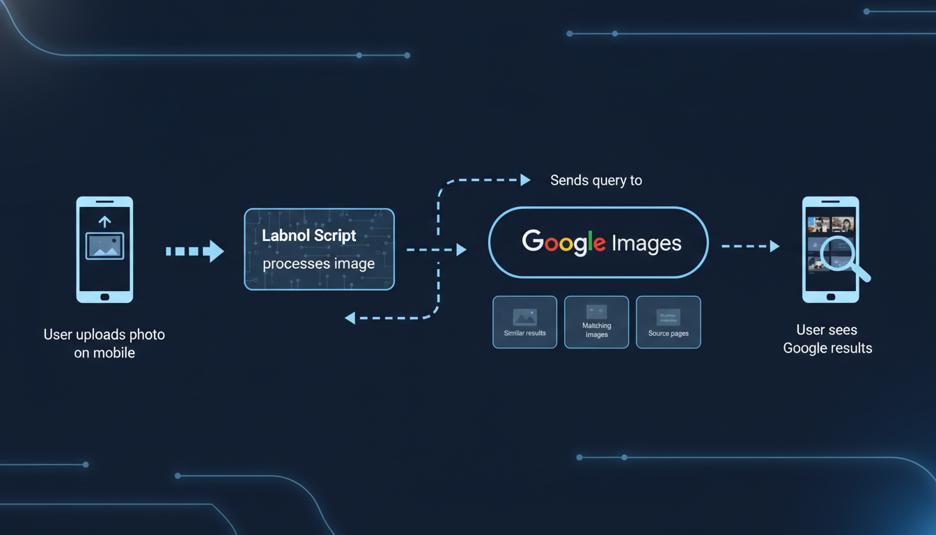 Reverse Image Search Labnol - detailed infographic showing the technical workflow: User uploads photo on mobile -> Labnol Script processes image -> Script sends query to Google Images -> User sees Google results. Minimalist tech style.