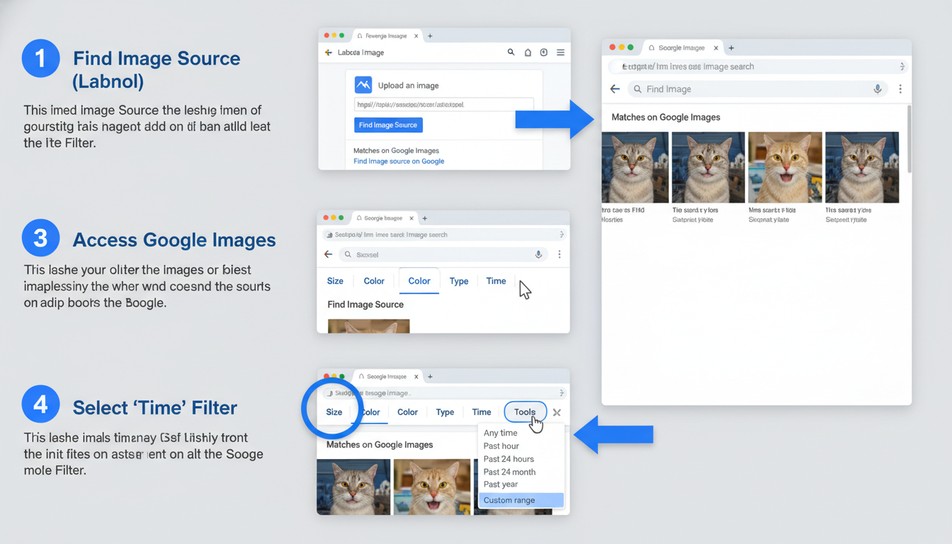Reverse Image Search Labnol - step-by-step diagram showing how to use the 'Time' filter in Google Images after using Labnol to find the original source of a viral image.