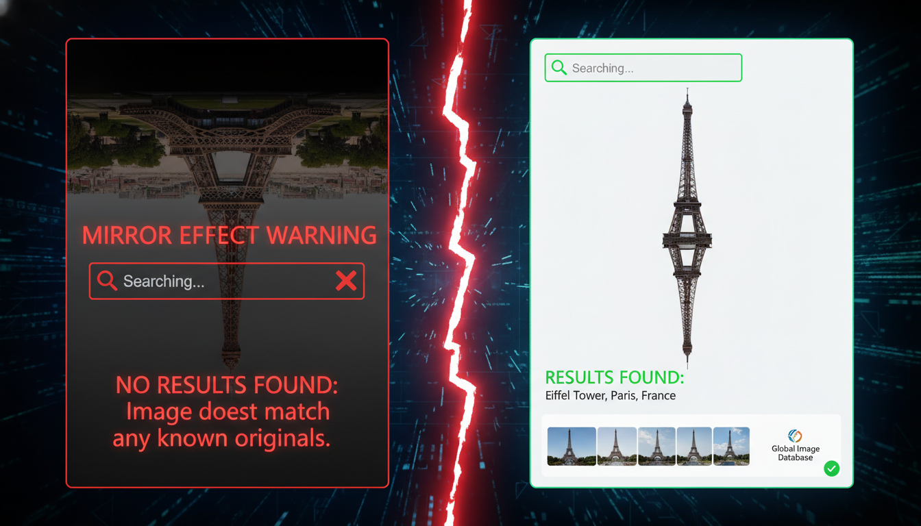 Reverse Image Search Labnol - split screen comparison showing a 'flipped' image failing a search, and the corrected image finding results. Visualizing the 'Mirror Effect' warning.