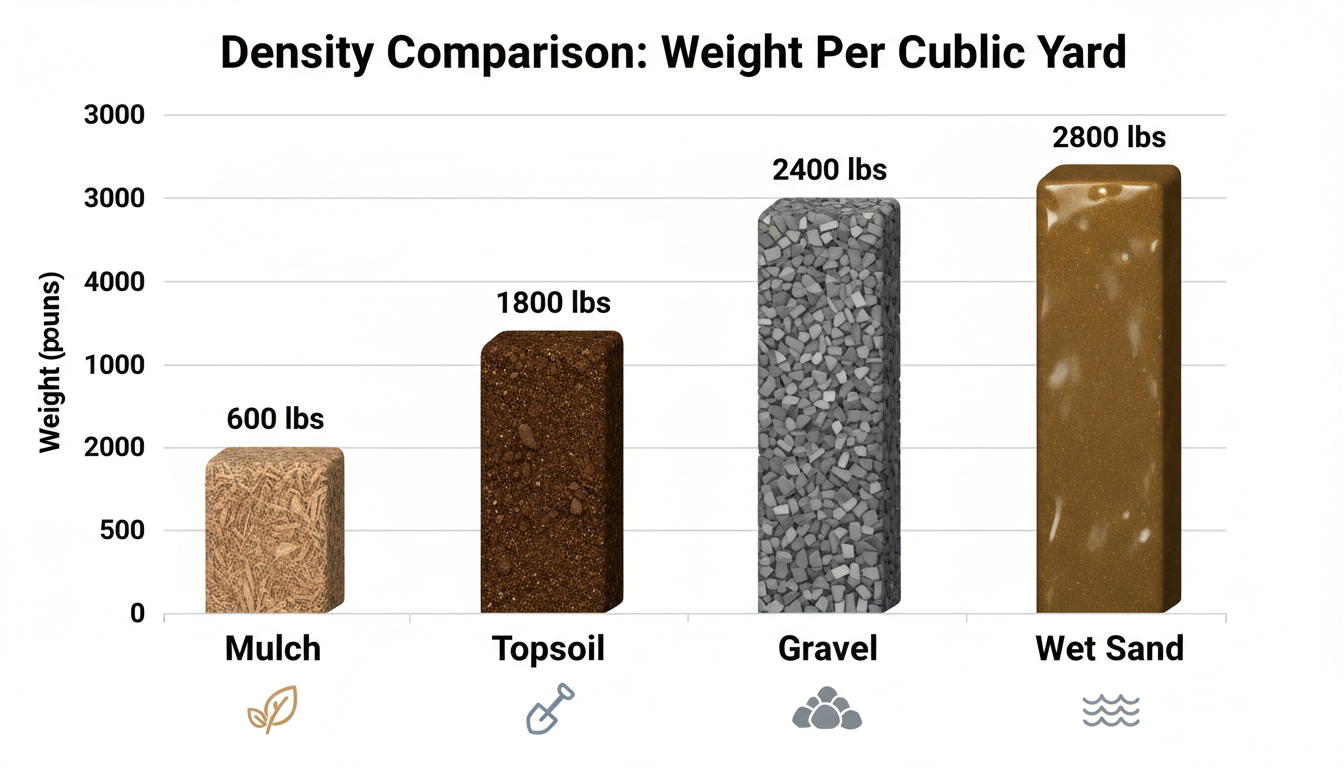 square yards to tons - detailed bar chart comparing the weight of 1 cubic yard of mulch, topsoil, gravel, and wet sand to visually demonstrate density differences