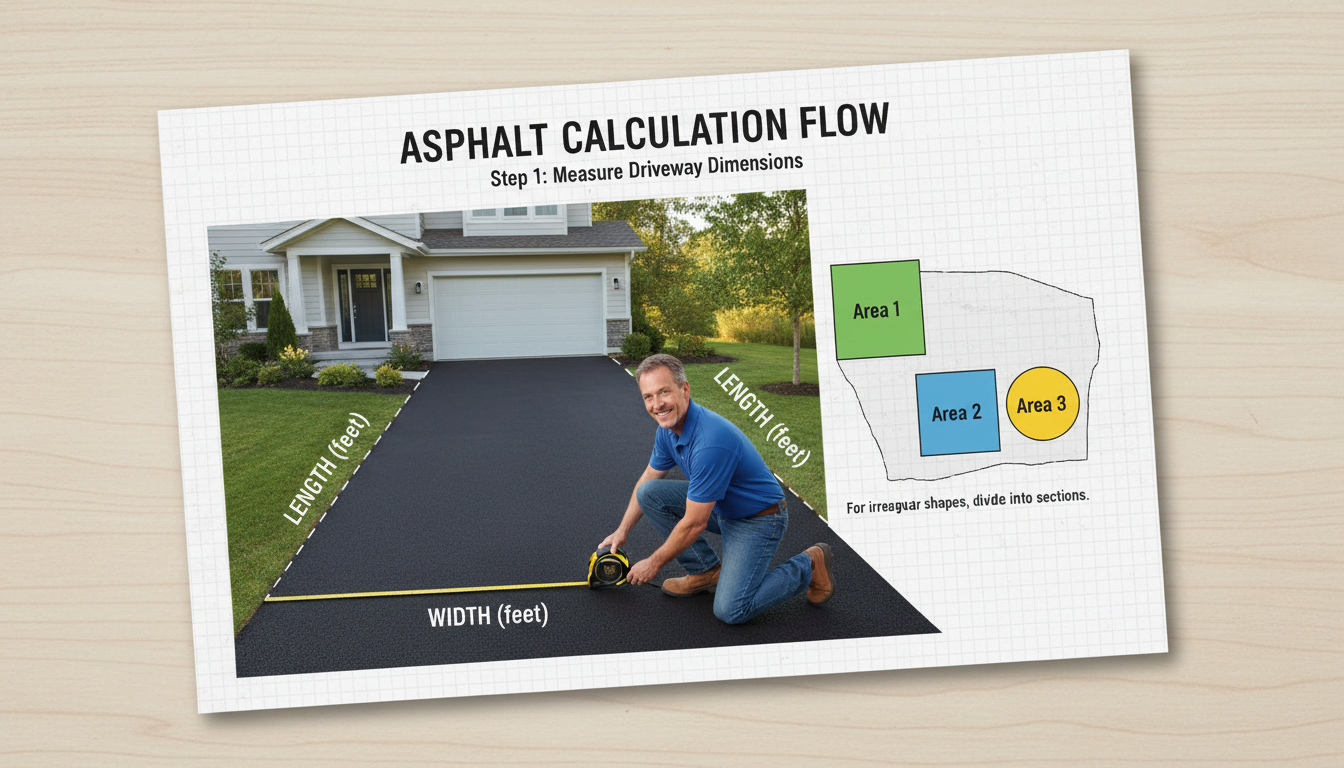 square yards to tons - step-by-step illustrated diagram showing the calculation flow from measuring the driveway to the final tonnage number