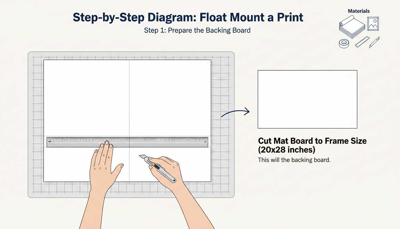 50x70cm to inches - step-by-step diagram showing how to float mount a 50x70cm print inside a 20x28 inch frame using spacers