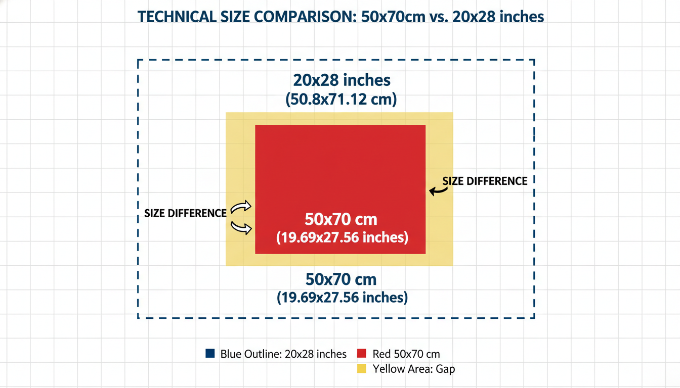 50x70cm to inches - detailed technical comparison chart showing 50x70cm overlaying a 20x28 inch outline to highlight the gap difference
