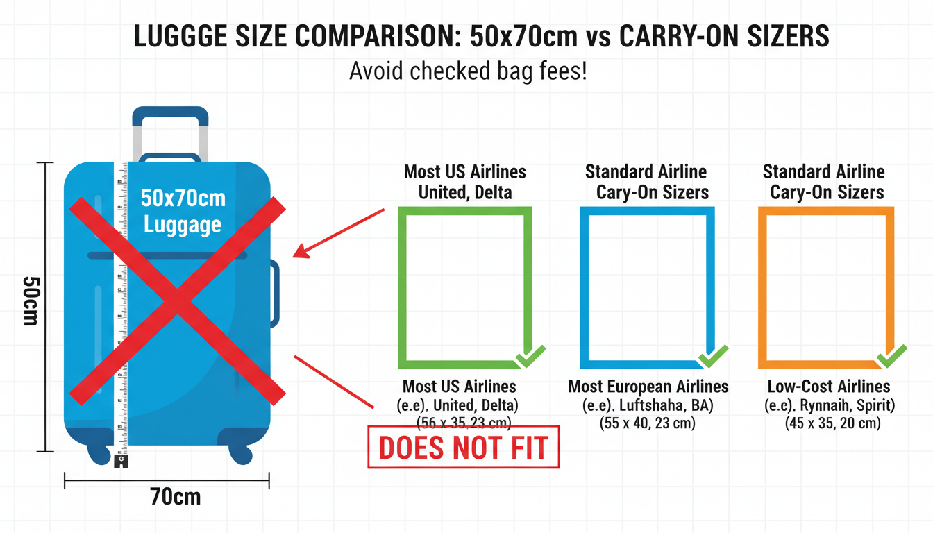 50x70cm to inches - infographic comparing 50x70cm luggage size against standard airline carry-on sizers