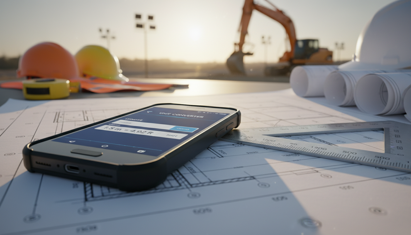 convert tenths to inches - professional photo of a construction site setting, showing a smartphone with a conversion app open next to a physical engineer's scale ruler on a blueprint