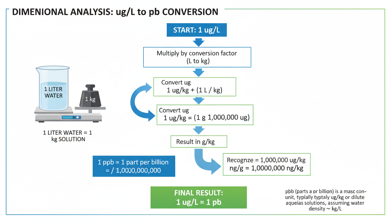 micrograms per liter to ppb - detailed infographic breaking down the dimensional analysis of 1 ug/L converting to 1 ppb, showing a liter of water on a scale weighing 1kg