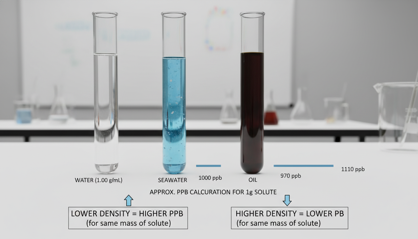 micrograms per liter to ppb - comparison chart showing test tubes of water, seawater, and oil, with labels indicating how density changes the ppb calculation