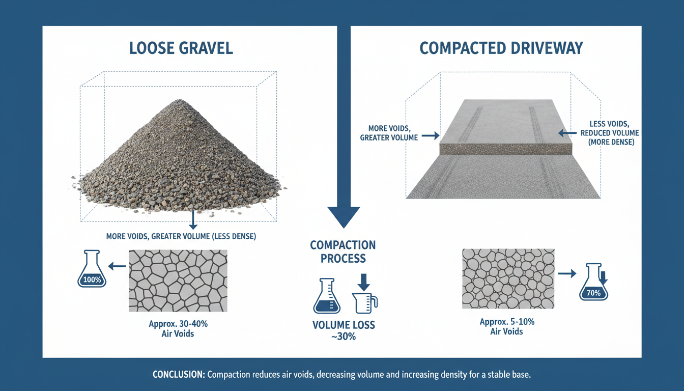 square yards to tons calculator - educational infographic showing a side-by-side comparison of a 'Loose' pile of gravel vs a 'Compacted' driveway, illustrating volume loss
