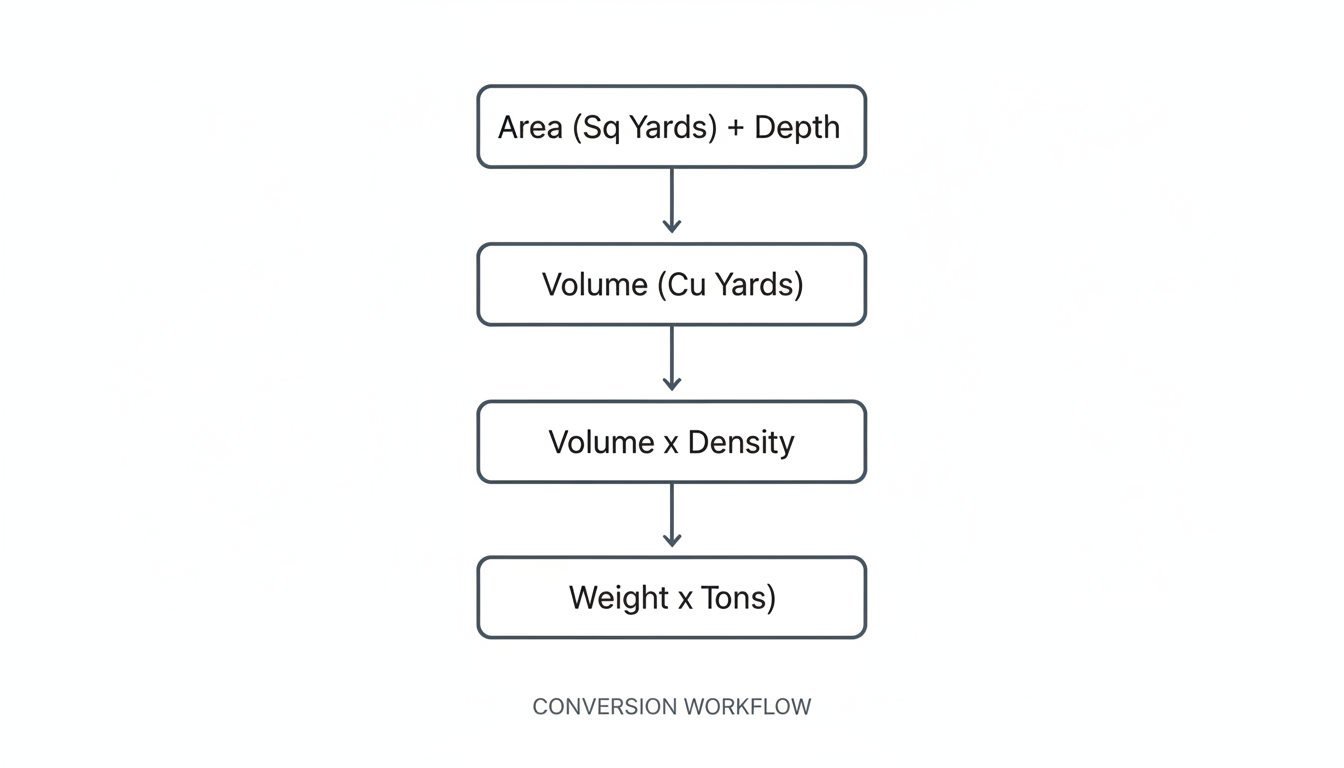 square yards to tons calculator - professional minimalist flowchart showing the conversion workflow: Area (Sq Yards) + Depth = Volume (Cu Yards) -> Volume x Density = Weight (Tons)