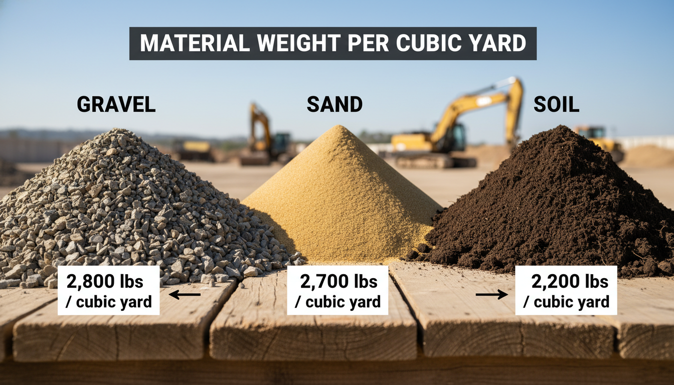 convert square yards into tons - detailed comparison chart graphic showing piles of different materials (gravel, sand, soil) with their respective weights per cubic yard visualized