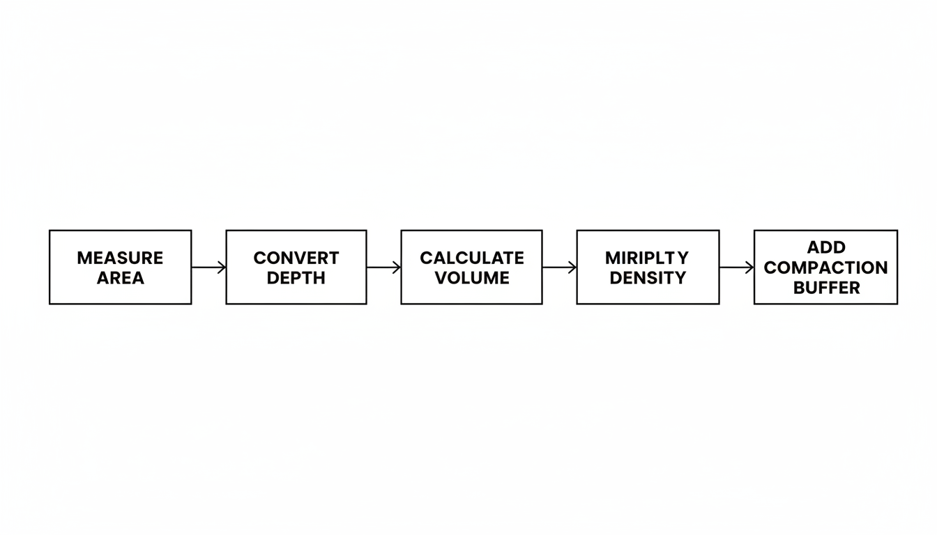 convert square yards into tons - professional minimalist flowchart showing the workflow: Measure Area -> Convert Depth -> Calculate Volume -> Multiply Density -> Add Compaction Buffer