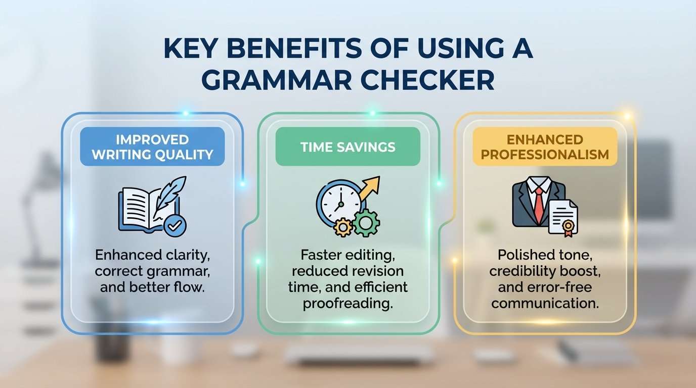 Infographic summarizing the benefits of using a grammar checker.