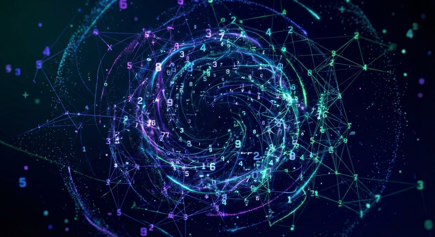Abstract representation of a Random Number Generator with swirling numbers and interconnected nodes.