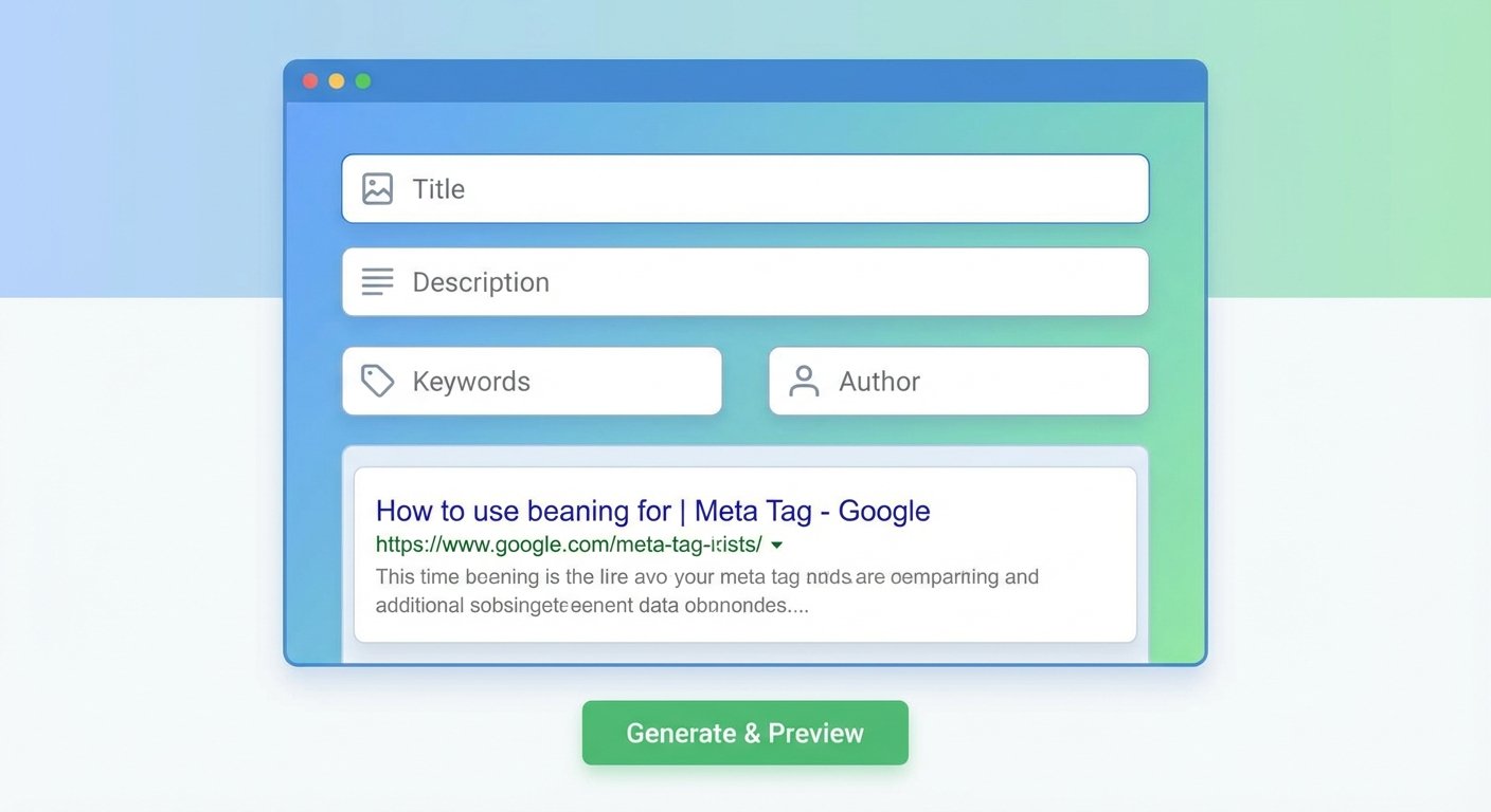 Meta Tag Generator tool interface showing title, description, and keyword fields.
