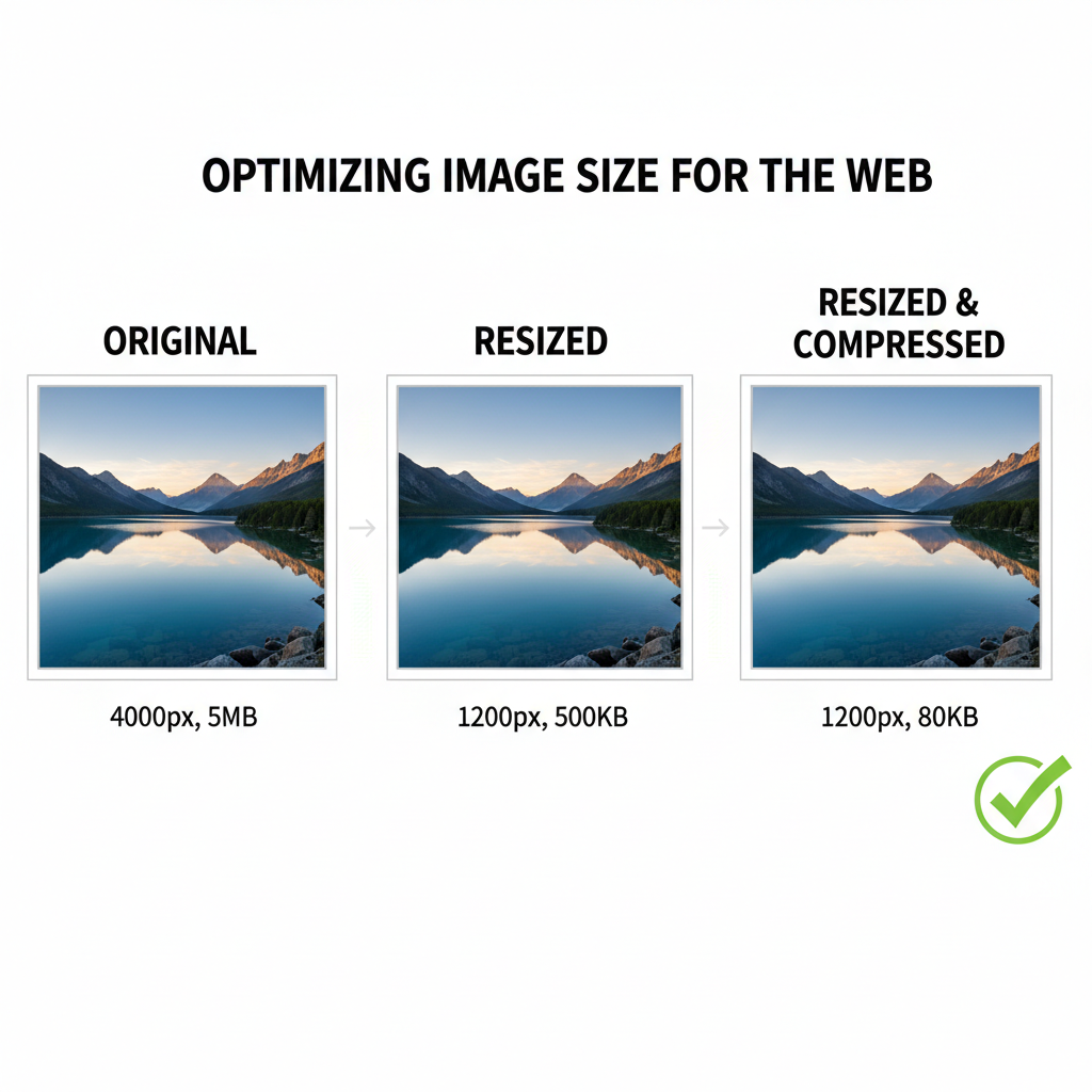 An infographic demonstrating the file size reduction achieved by using an image resizer tool and compression.