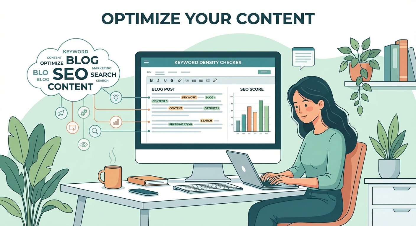 Content creator using a keyword density checker to optimize their blog post