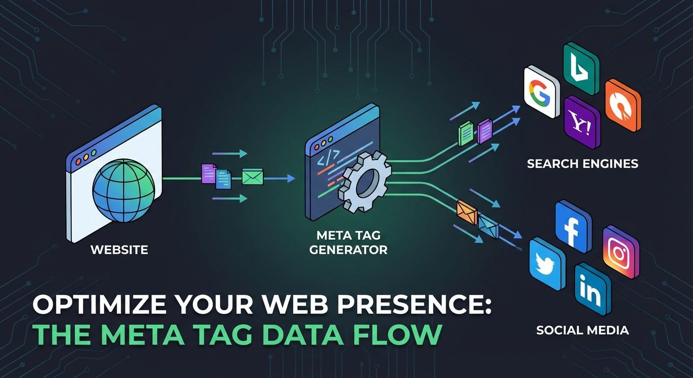 Meta Tag Generator workflow: website to search engines and social media.