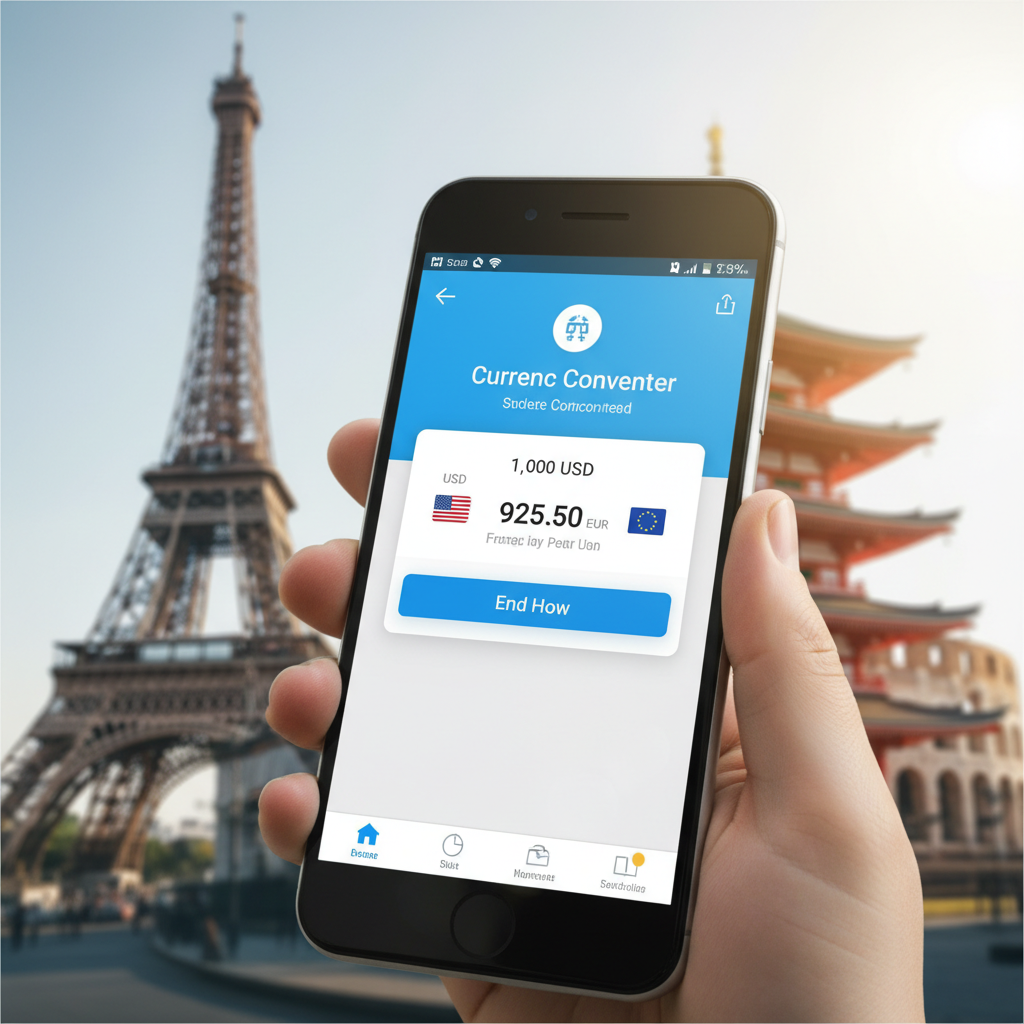 A smartphone showing the uses of a currency converter app for international travel, with global landmarks in the background.