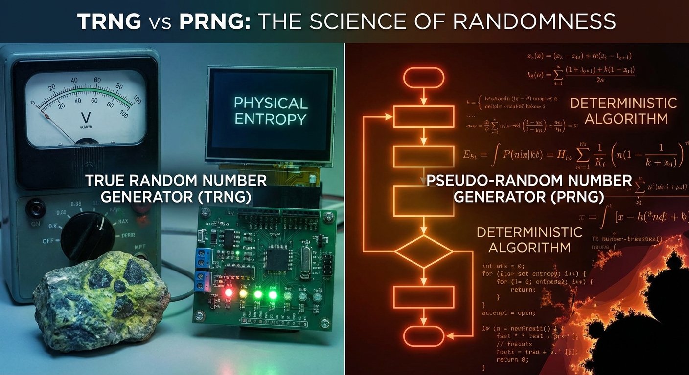 Comparison of True Random Number Generator (TRNG) using radioactive decay vs. Pseudo-Random Number Generator (PRNG) using algorithms.